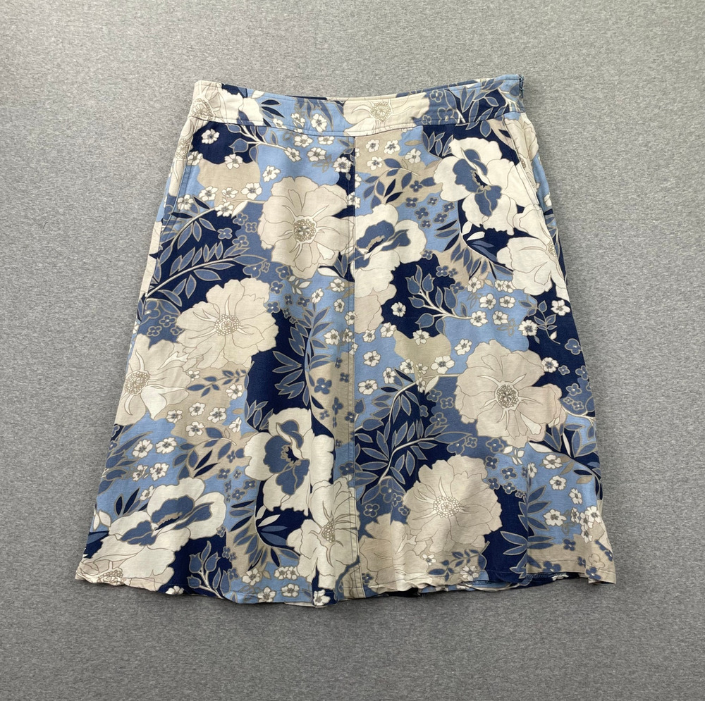Liz & Co Linen Blend Floral Skirt 12 Blue Cream A-Line Cottagecore Preppy Retro